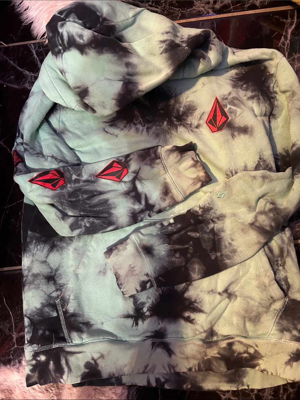 Volcom Mint Green and Black Tie-Dye Hoodie with Red Logo woman/men
